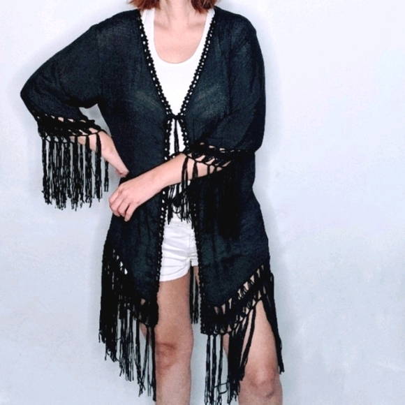 NWT~ Boho Crochet Medallion Fringe Kimono